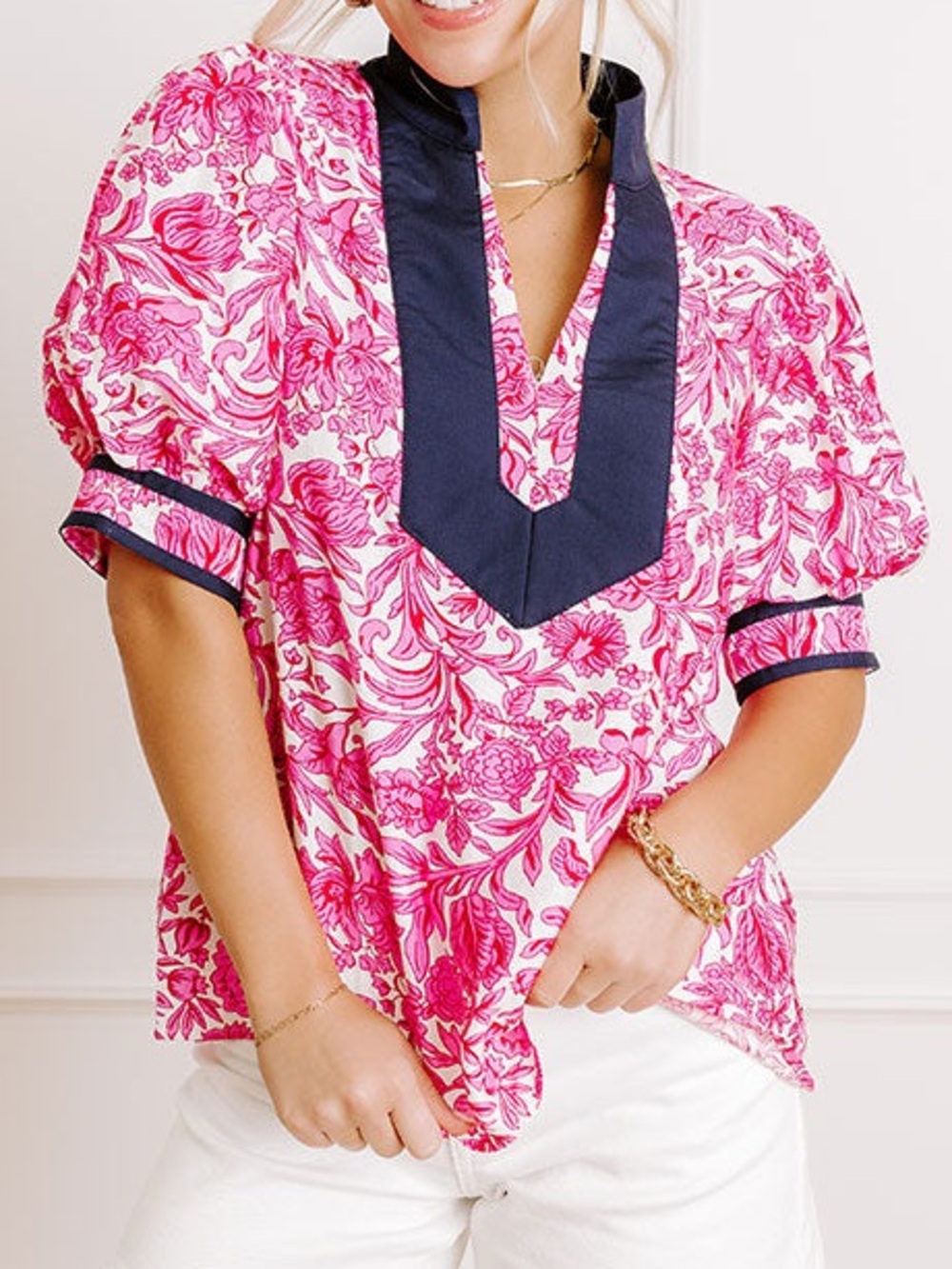 entro Pink Floral V-Neck Puff Sleeve Top with Navy Trim